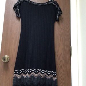 Missoni Italy black dress kneelength wool viscose, zigzag, cap sleeve, sz S